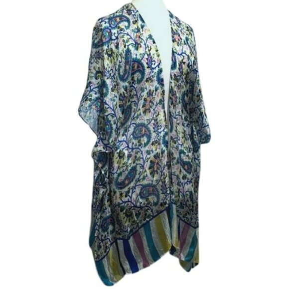 Soft Surroundings Duster 100% Silk Paisley Striped Ruana Kimono S/M Resort - Picture 1 of 8